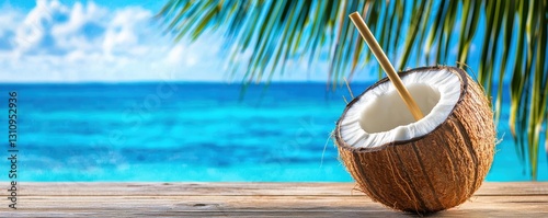 Wallpaper Mural Hollowed coconut shell with a bamboo straw on a tropical wooden table, palm fronds framing a turquoise sea view, basking in the heat of a summer island refreshment scene Torontodigital.ca