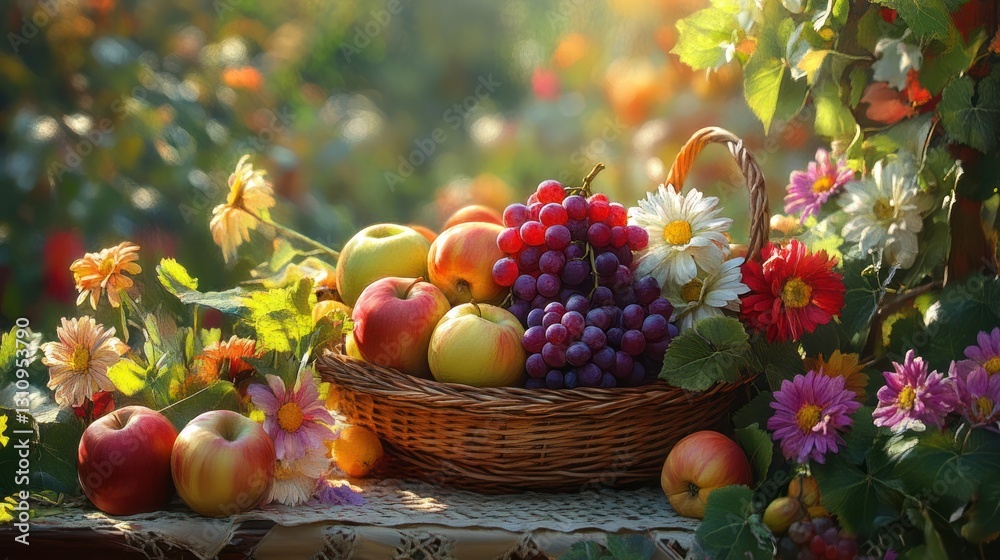 Autumn harvest apples, grapes in wicker basket, garden setting, sunlight Autumn harvest apples, grapes in wicker basket, garden setting, sunlight