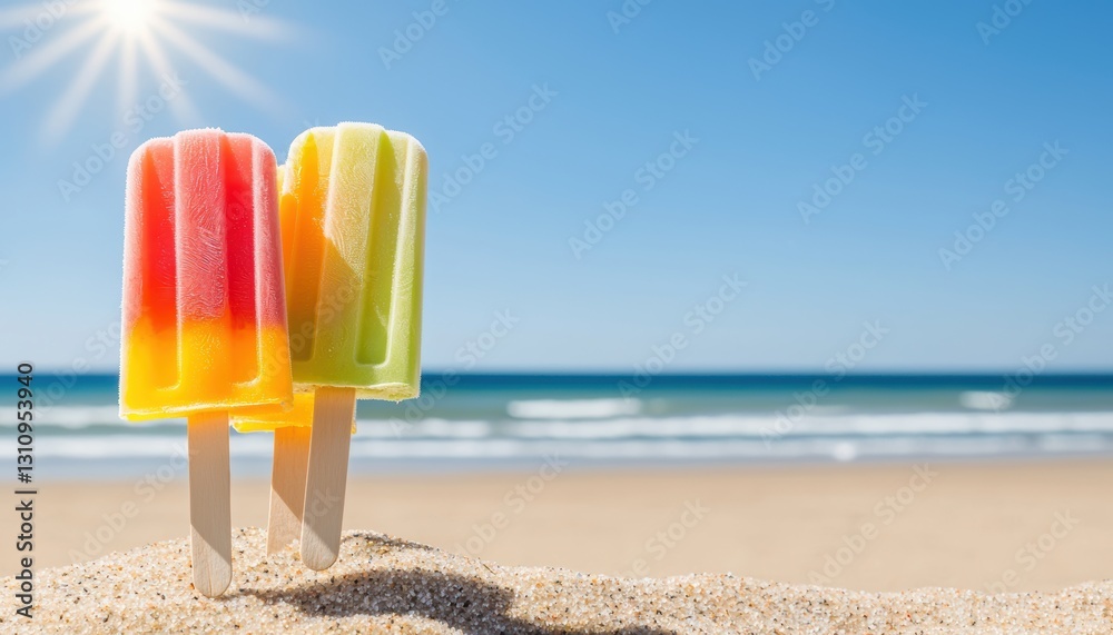 Popsicle wrappers on a sandy beach, with waves lapping and a bright sun, hinting at a summer treat enjoyed Popsicle wrappers on a sandy beach, with waves lapping and a bright sun, hinting at a summer treat enjoyed