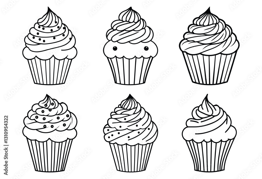 A set of six cupcakes with frosting and sprinkles. The cupcakes are all different sizes and are arranged in a row A set of six cupcakes with frosting and sprinkles. The cupcakes are all different sizes and are arranged in a row