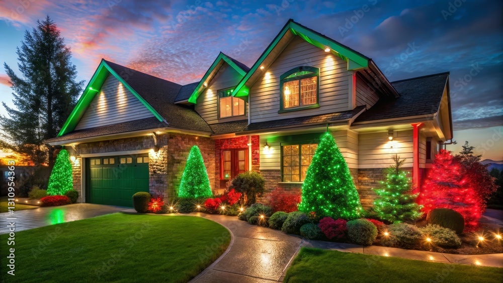 Obraz premium A Festive Residence Adorned with Cheerful Holiday Illumination, Showcasing a Dazzling Display of Twinkling Lights and Ornamental Evergreens during the Evening Twilight