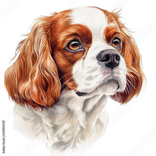 Portrait of a cute Cavalier King Charles Spaniel puppy with brown and white fur in a studio setting, isolated and looking adorable, showcasing this purebred dog breed
