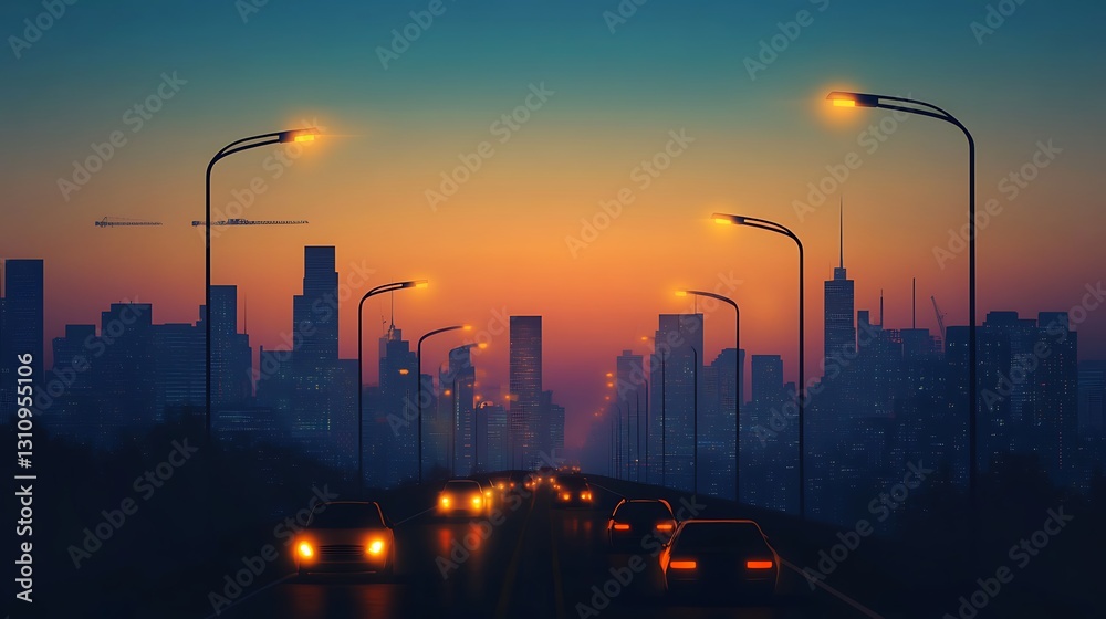 City skyline at dusk with illuminated streetlights and moving cars. City skyline at dusk with illuminated streetlights and moving cars.