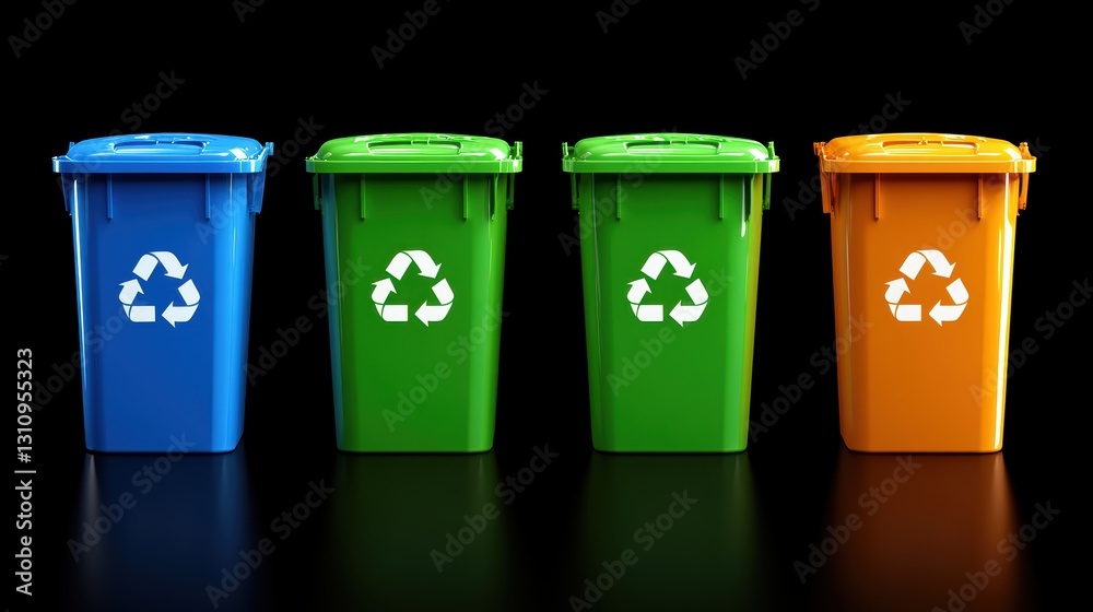 four brightly colored recycling bins with simple icons representing different types of waste Over black Studio Background. four brightly colored recycling bins with simple icons representing different types of waste Over black Studio Background.
