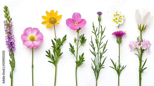 Colorful Assortment of Wildflowers Displayed on White Background
