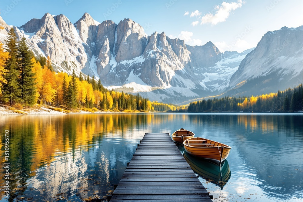 Obraz premium Mountain lake with wooden boats on a dock.