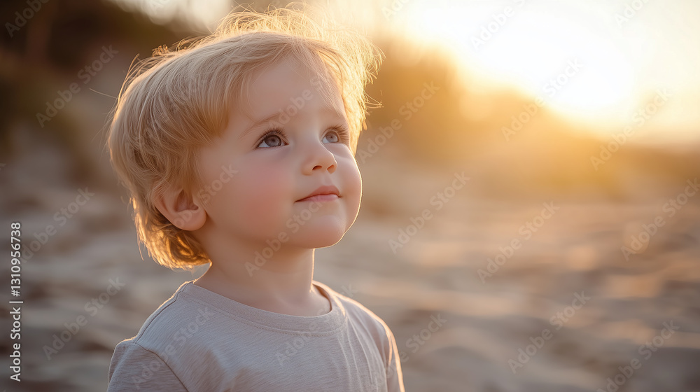 young boy with blonde hair gazes upwards with wonder at bright sunshine, creating serene and hopeful moment on sandy beach young boy with blonde hair gazes upwards with wonder at bright sunshine, creating serene and hopeful moment on sandy beach