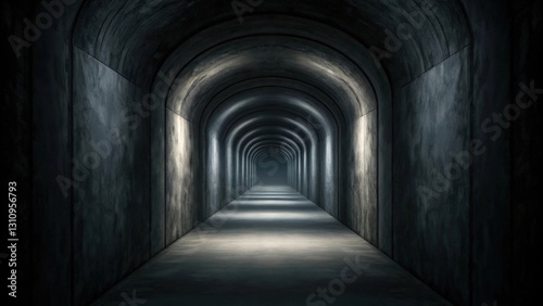 an eerie, symmetrical tunnel illuminated by soft, glowing lights. The structure evokes mystery and anticipation