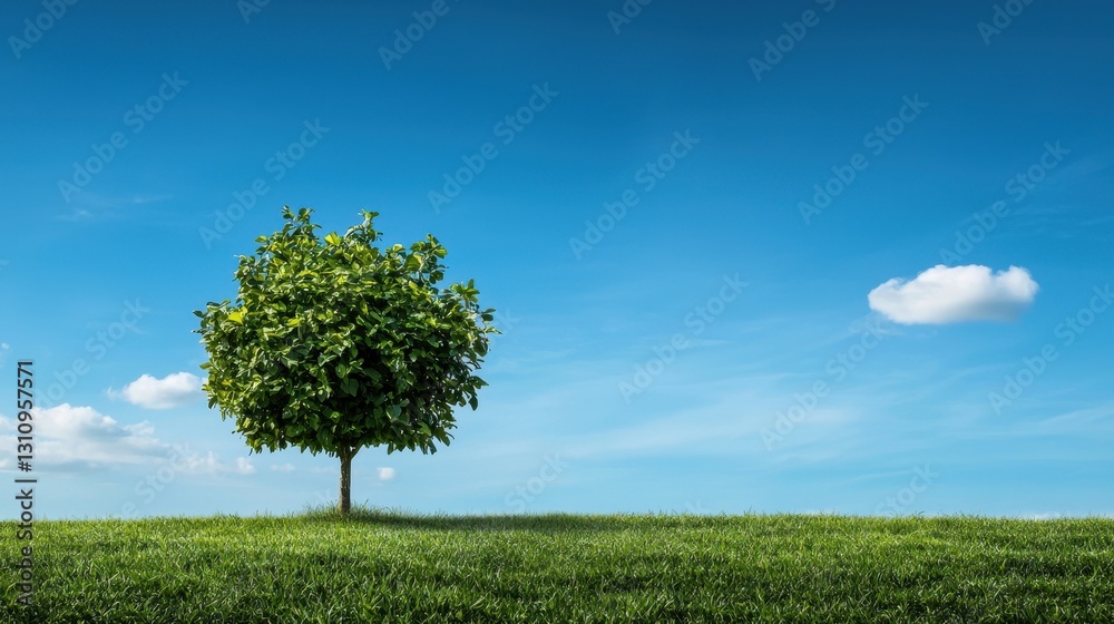 Obraz premium Lush Green Tree Under Bright Blue Sky with Fluffy Clouds