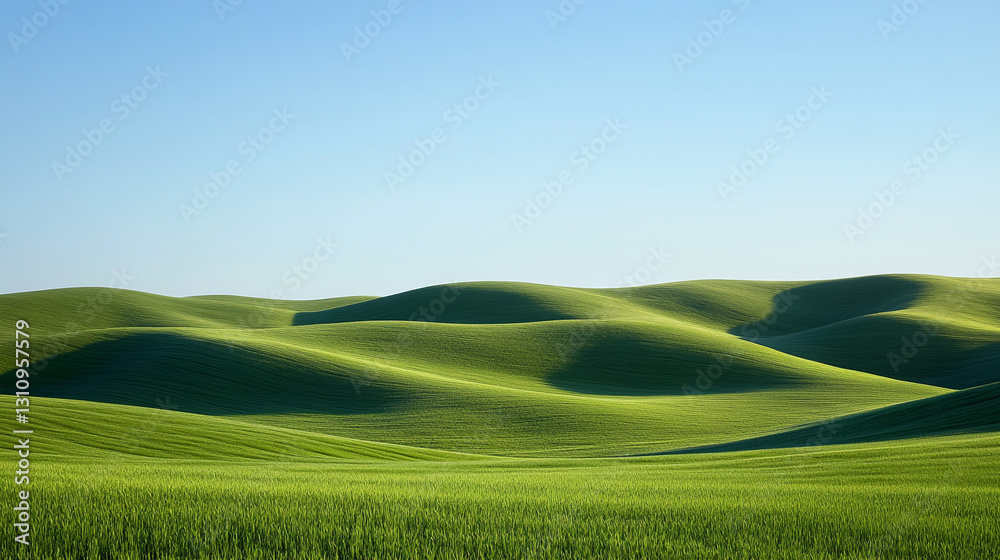 Obraz premium Serene green rolling hills landscape under a clear blue sky view calm field grass rural waves nature