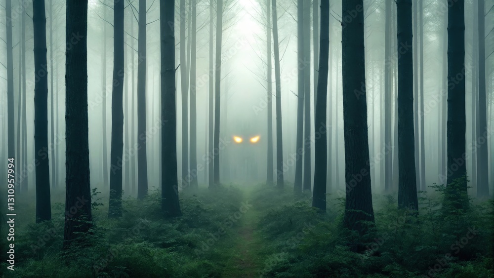 Naklejka premium a mystical creature with glowing eyes peering out from a foggy forest. A mysterious and eerie scene with tall trees and a pathway disappearing into the mist