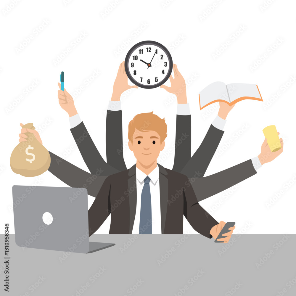 Multitasking Businessman Managing Multiple Tasks. Flat vector illustration isolated on white background Multitasking Businessman Managing Multiple Tasks. Flat vector illustration isolated on white background