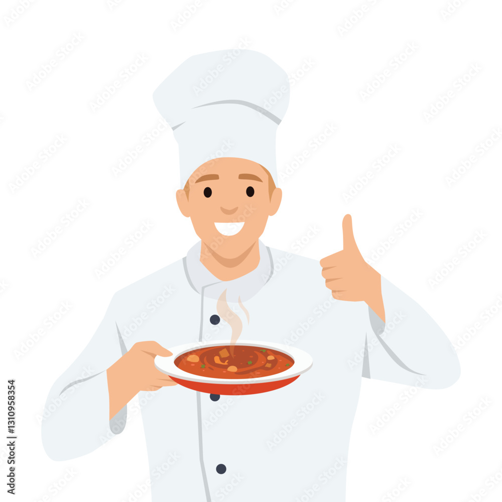 Cheerful chef in a white uniform and hat holds a steaming plate of freshly prepared soup. Flat vector illustration isolated on white background Cheerful chef in a white uniform and hat holds a steaming plate of freshly prepared soup. Flat vector illustration isolated on white background