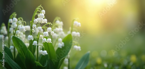 Spring background with lily of valley flowers. Floral decoration for banner, greeting card. Mother Day, Women Day, Wedding celebration theme. White bell shape blossoms, green leaves, blurred nature