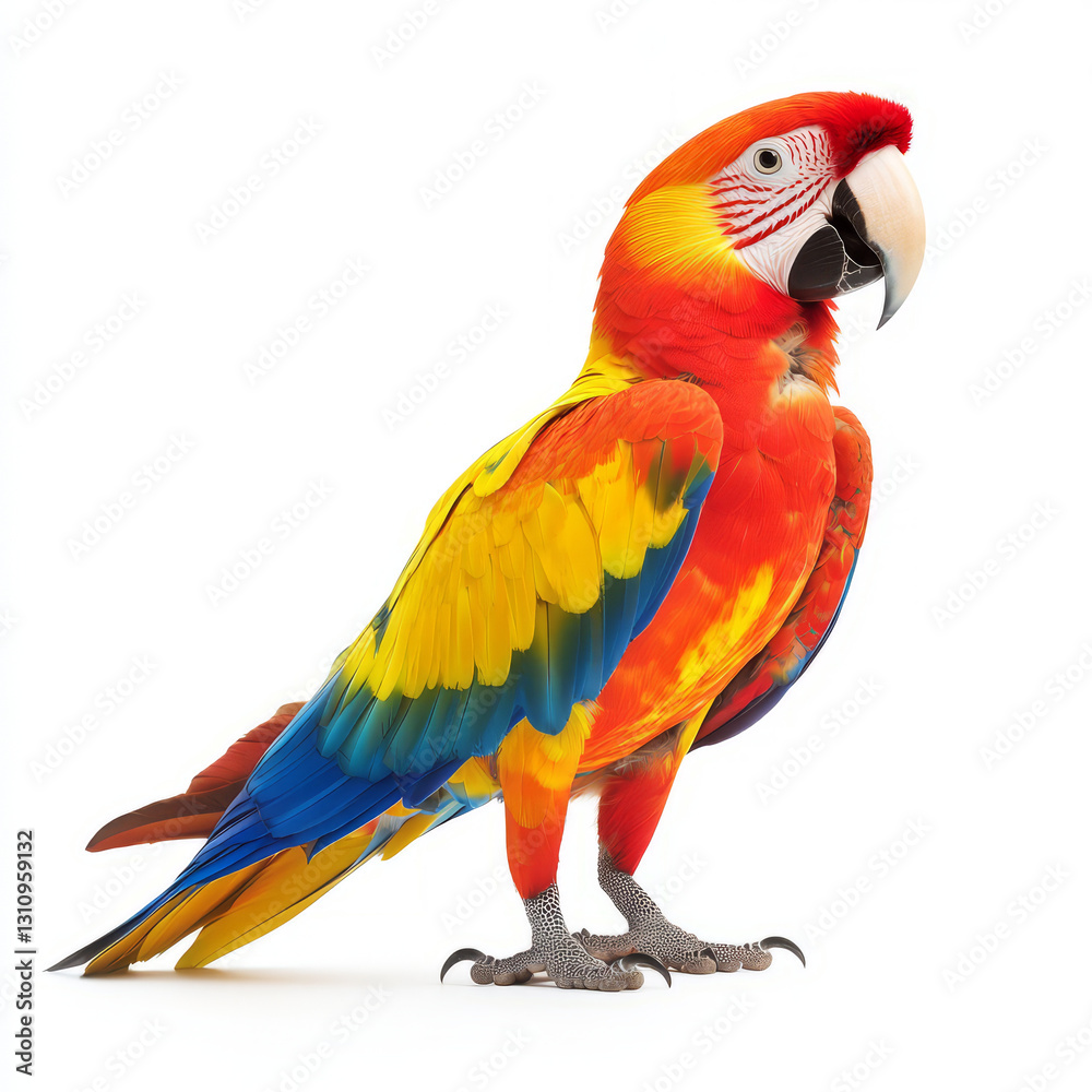 Beautifully vibrant yellow and red parrot macaw bird isolated white background, showcasing its stunning plumage and features Beautifully vibrant yellow and red parrot macaw bird isolated white background, showcasing its stunning plumage and features