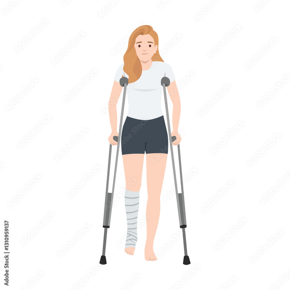Woman using crutches to support herself while walking, with her left leg wrapped in a bandage. Flat vector illustration isolated on white background Woman using crutches to support herself while walking, with her left leg wrapped in a bandage. Flat vector illustration isolated on white background