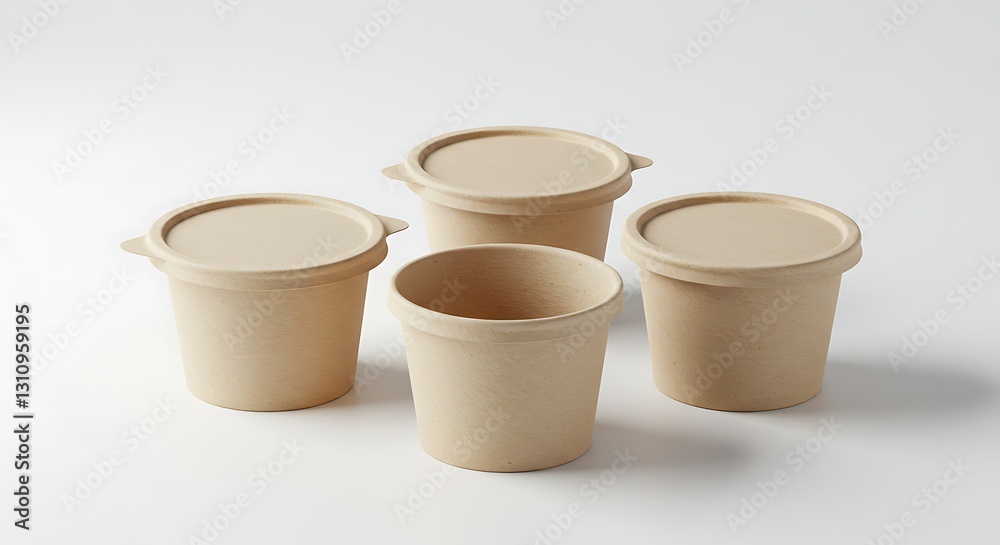 Four Round Food Containers with Lids on White Background Four Round Food Containers with Lids on White Background