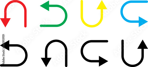 U turn arrow symbol icon set. Direction Icon Set. Go Straight This Way One Way Only U Turn Left and Right Black and White Arrow vector illustration.