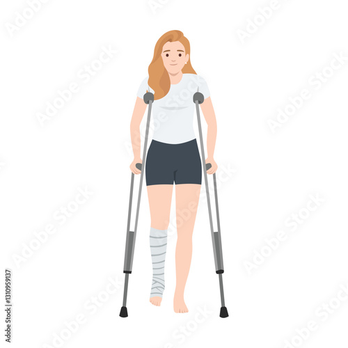 Woman using crutches to support herself while walking, with her left leg wrapped in a bandage. Flat vector illustration isolated on white background
