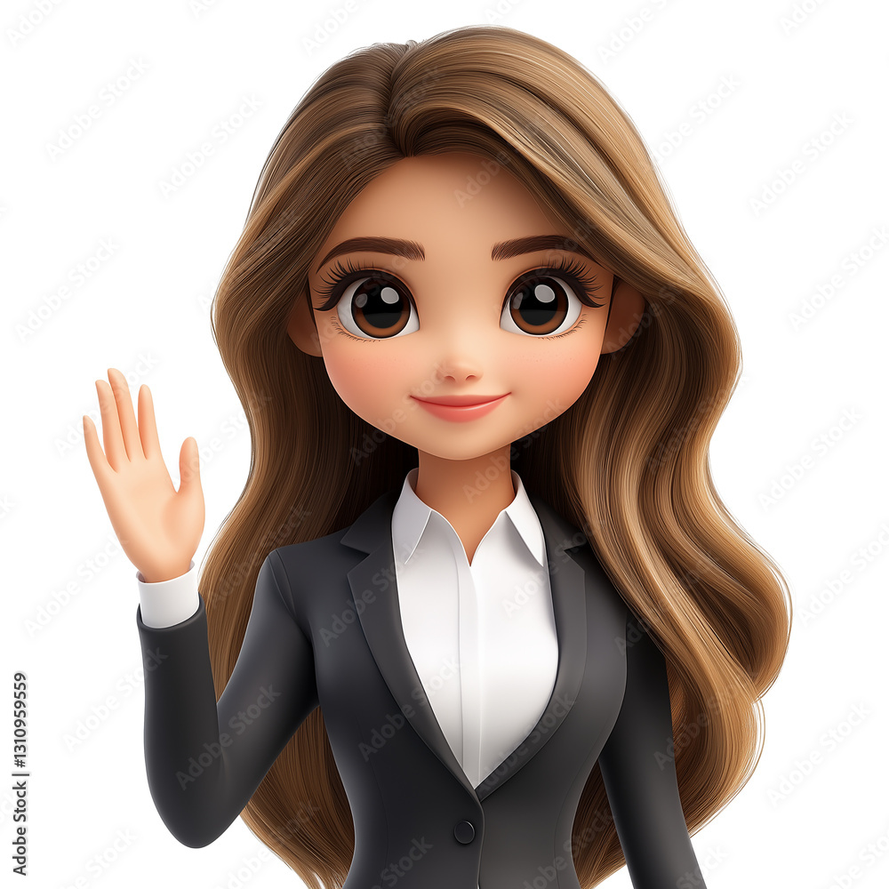 A professional businesswoman in a black suit and white shirt waving with a friendly expression. Perfect for corporate presentations, business communication, and office-related design - Transparent PNG A professional businesswoman in a black suit and white shirt waving with a friendly expression. Perfect for corporate presentations, business communication, and office-related design - Transparent PNG