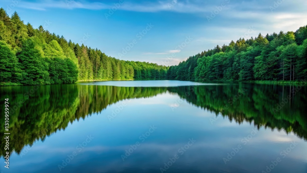 a serene lake with a perfect reflection of the surrounding green forest and blue sky on a sunny day a serene lake with a perfect reflection of the surrounding green forest and blue sky on a sunny day