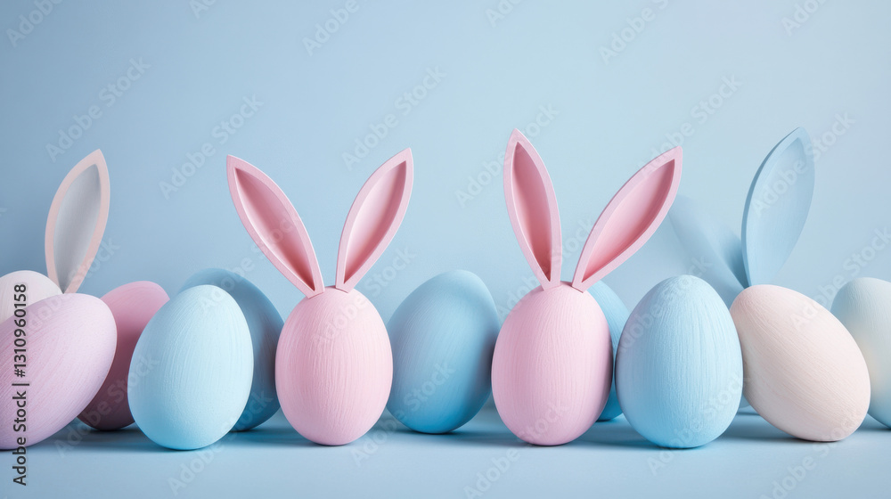 A creative Easter arrangement featuring wooden eggs painted in pastel colors, adorned with delicate paper bunny ears, displayed against a simple monochrome backdrop A creative Easter arrangement featuring wooden eggs painted in pastel colors, adorned with delicate paper bunny ears, displayed against a simple monochrome backdrop