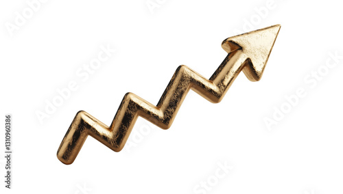 3D render of a golden arrow pointing upward, with a rising graph isolated on transparent background
