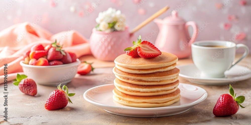 A delightful stack of fluffy pancakes, adorned with fresh strawberries, served alongside a steaming cup of tea and a bowl of additional berries, creating a charming and appetizing breakfast scene. A delightful stack of fluffy pancakes, adorned with fresh strawberries, served alongside a steaming cup of tea and a bowl of additional berries, creating a charming and appetizing breakfast scene.