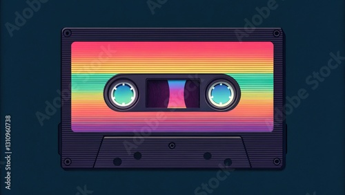 a colorful cassette tape with rainbow stripes, representing music and retro culture