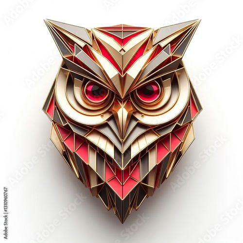 3d Geometric metallic gold red owl head Illustration on a white background photo