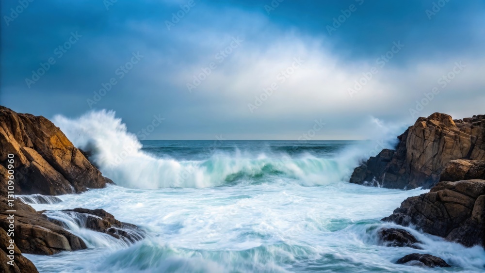 the powerful ocean waves crashing against the rugged coastal rocks under a cloudy sky. The scene captures the raw force of nature with water the powerful ocean waves crashing against the rugged coastal rocks under a cloudy sky. The scene captures the raw force of nature with water