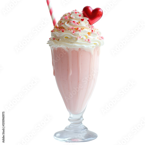 Delightful pink milkshake topped with whipped cream and heart-shaped sprinkles, served in a classic glass with a striped straw, perfect for romantic occasions and celebrations
