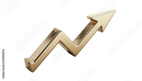 3D render of a golden arrow pointing upward, with a rising graph isolated on transparent background
