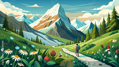 snowy mountain peak with a winding path, patches of blooming edelweiss flowers, and a lone hiker admiring the breathtaking view.