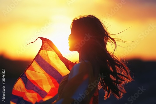 Elegant female face in the sunset dancing with a kite, kite fabric background.