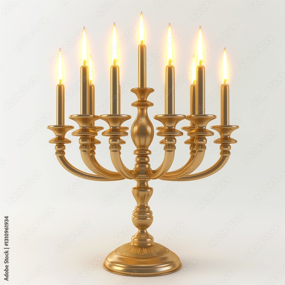 Elegant golden menorah with nine lit candles, radiating warmth and tradition. Elegant golden menorah with nine lit candles, radiating warmth and tradition.
