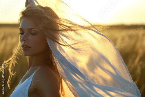 Elegant female face in the sunset dancing with a kite, kite fabric background.