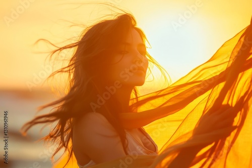 Elegant female face in the sunset dancing with a kite, kite fabric background.