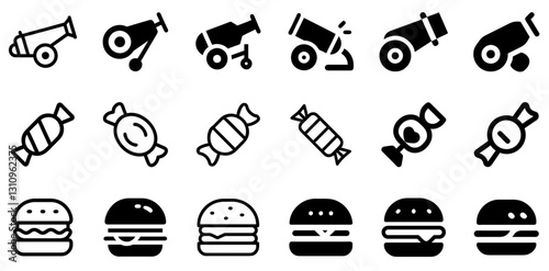 "Cannon, Candy, and Burger Icon Set – Bold and Playful Vector Symbols"