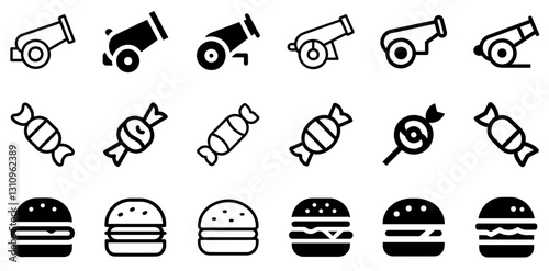 "Cannon, Candy, and Burger Icon Set – Bold and Playful Vector Symbols"