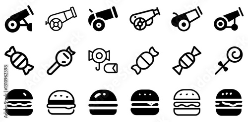 "Cannon, Candy, and Burger Icon Set – Bold and Playful Vector Symbols"