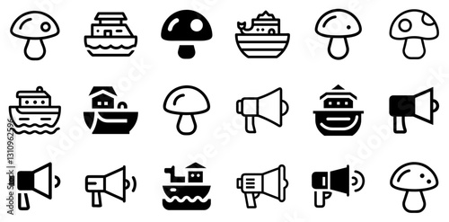  "Mushroom, Noah's Ark, and Loudhailer Icon Set – Unique Vector Symbols"