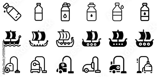 "Water Bottle, Viking Ship, Vacuum Cleaner Icon Set – Vector Design Symbols"