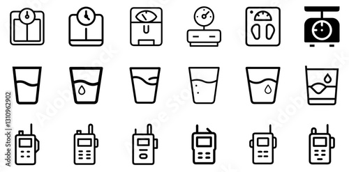 "Weighing Scales, Water Glass, and Walkie Talkie Icon Set – Modern Vector Symbols"