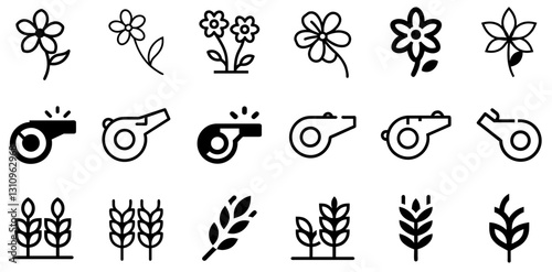 "Wildflower, Whistle, and Wheat Icon Set – Elegant Vector Symbols"