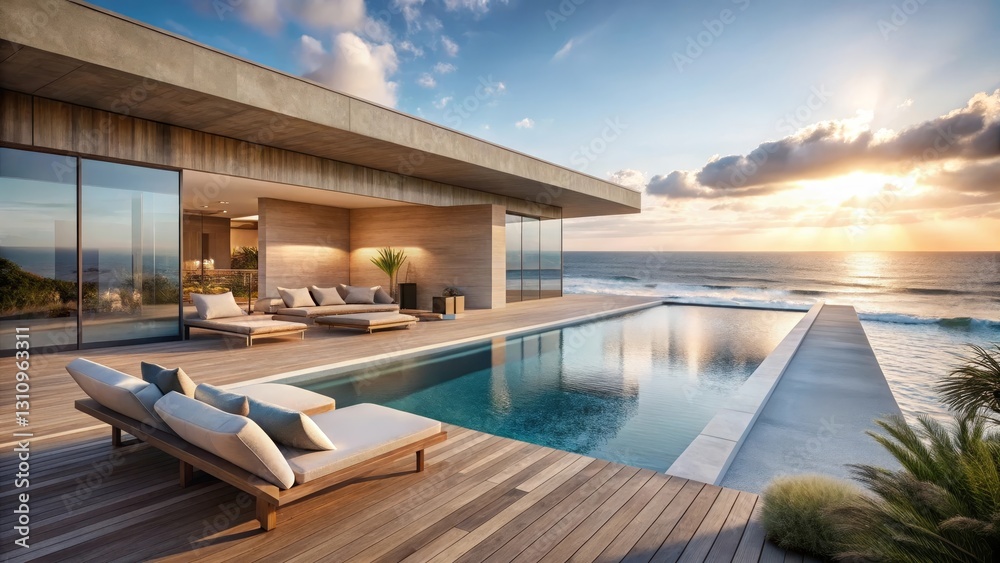 Fototapeta premium Oceanfront Residence Tranquil Sunset Views from Modern Patio with Infinity Pool and Luxurious Outdoor Furniture