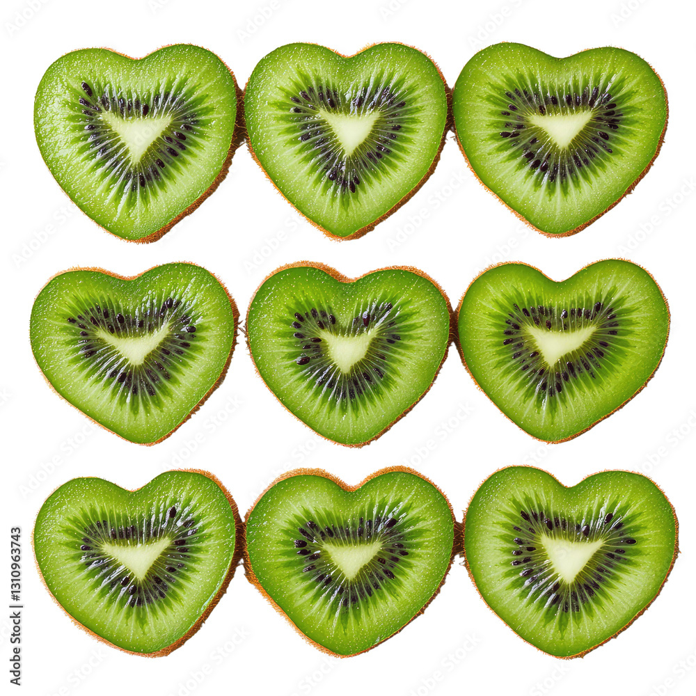 Fototapeta premium Heart-Shaped Slices of Fresh Kiwi Arranged in a Symmetrical Pattern on a White Background, Ideal for Healthy Eating Concepts and Natural Food Promotions