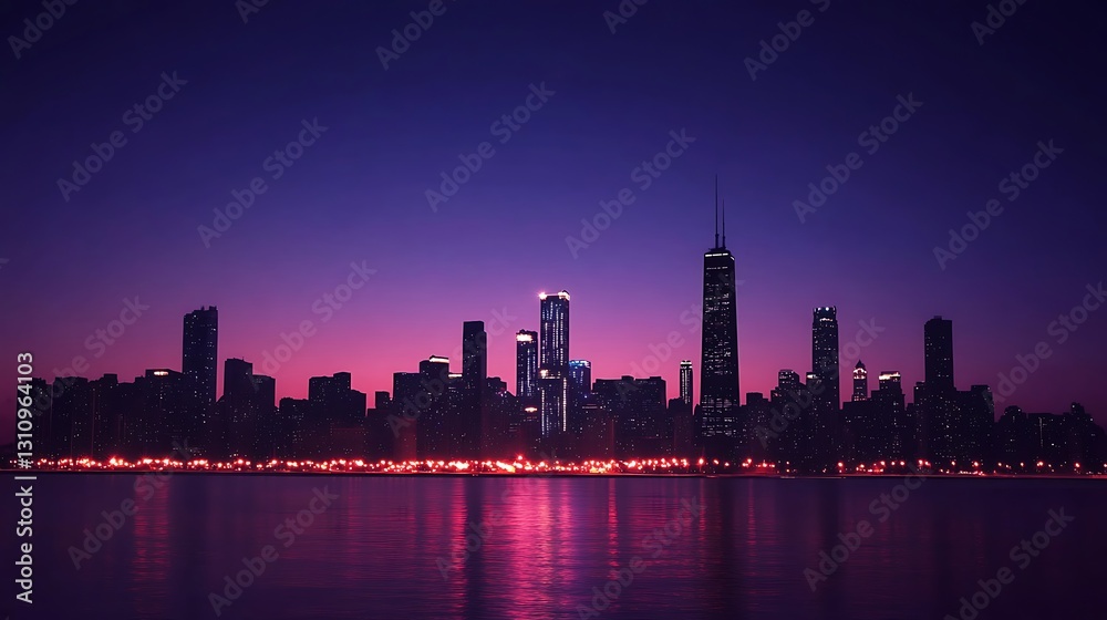 Fototapeta premium A stunning city skyline at dusk with vibrant colors reflecting on the water.