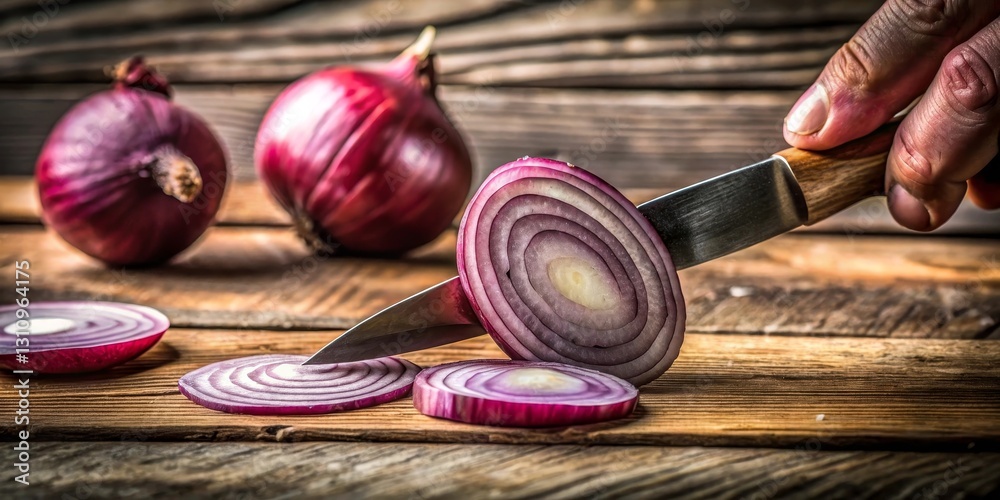 A hand skillfully slices vibrant red onions on a rustic wooden surface, creating a visually appealing culinary scene. A hand skillfully slices vibrant red onions on a rustic wooden surface, creating a visually appealing culinary scene.