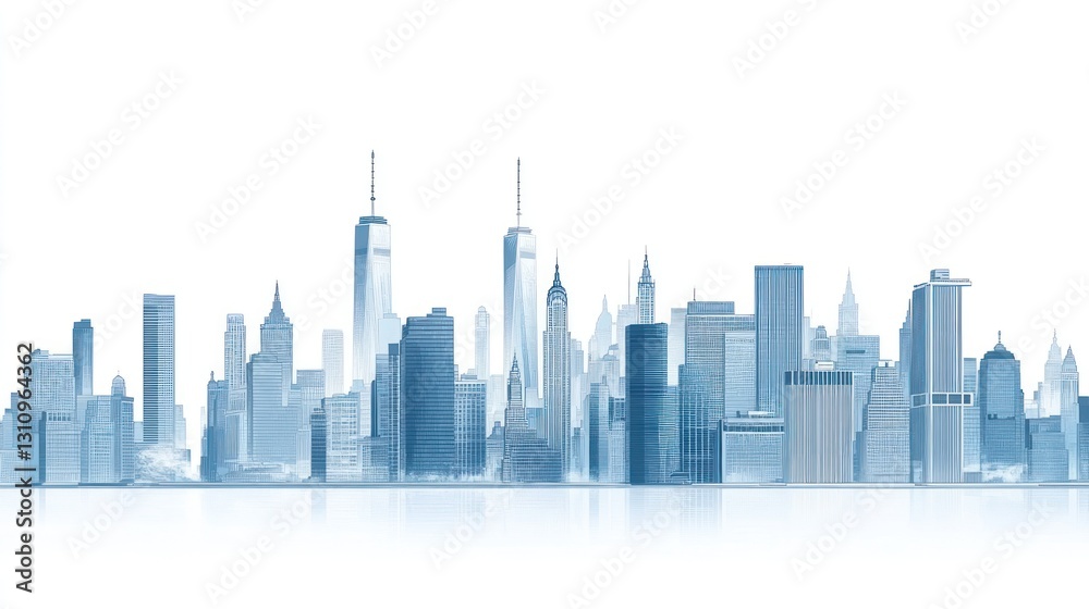 Fototapeta premium Modern NYC skyline, cityscape, urban panorama, white background, business
